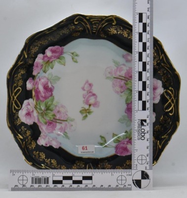 Mrkd. R.S. Germany 9"d bowl, pink roses w/ wide black border - 8