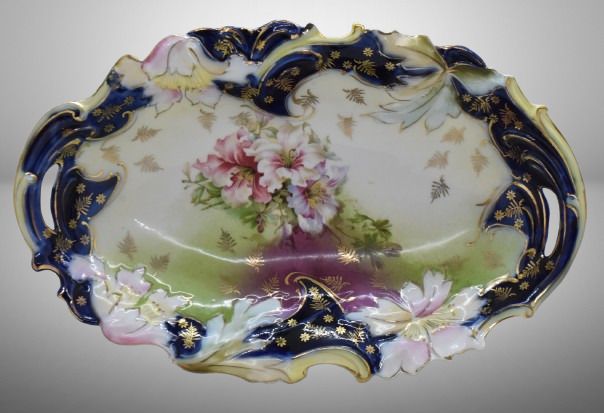 Mrkd. Germany Saxe Altenburg 12.5"l oval bowl, floral decorations w/ cobalt border