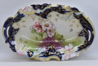 Mrkd. Germany Saxe Altenburg 12.5"l oval bowl, floral decorations w/ cobalt border - 3