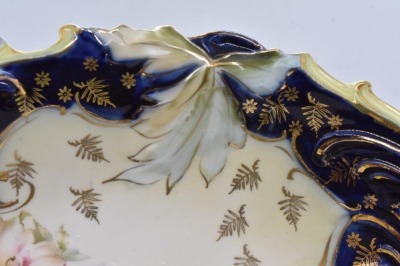 Mrkd. Germany Saxe Altenburg 12.5"l oval bowl, floral decorations w/ cobalt border - 4