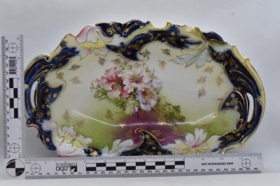 Mrkd. Germany Saxe Altenburg 12.5"l oval bowl, floral decorations w/ cobalt border - 8