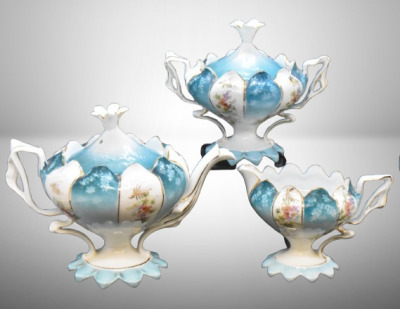 Unm. 3 pc. tea set in Steeple Mold 12, alternating panels of flower clusters and blue finish w/ shadow flowers