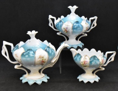 Unm. 3 pc. tea set in Steeple Mold 12, alternating panels of flower clusters and blue finish w/ shadow flowers - 2