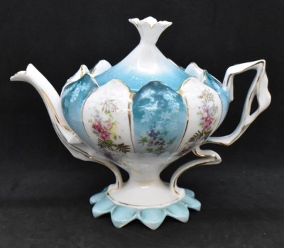 Unm. 3 pc. tea set in Steeple Mold 12, alternating panels of flower clusters and blue finish w/ shadow flowers - 5