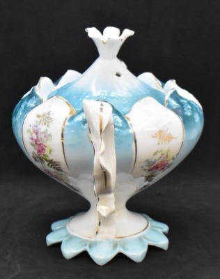 Unm. 3 pc. tea set in Steeple Mold 12, alternating panels of flower clusters and blue finish w/ shadow flowers - 6