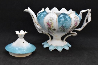 Unm. 3 pc. tea set in Steeple Mold 12, alternating panels of flower clusters and blue finish w/ shadow flowers - 7