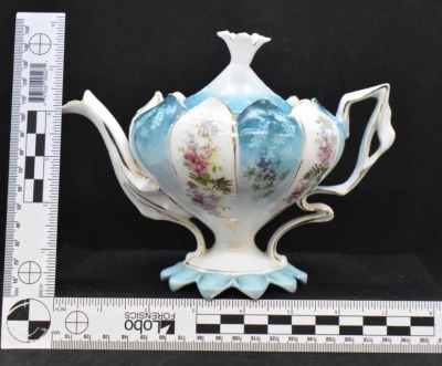 Unm. 3 pc. tea set in Steeple Mold 12, alternating panels of flower clusters and blue finish w/ shadow flowers - 9