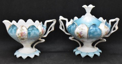 Unm. 3 pc. tea set in Steeple Mold 12, alternating panels of flower clusters and blue finish w/ shadow flowers - 10