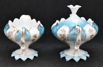 Unm. 3 pc. tea set in Steeple Mold 12, alternating panels of flower clusters and blue finish w/ shadow flowers - 11