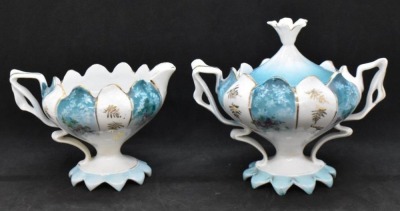 Unm. 3 pc. tea set in Steeple Mold 12, alternating panels of flower clusters and blue finish w/ shadow flowers - 12