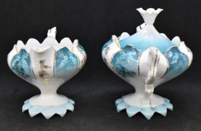 Unm. 3 pc. tea set in Steeple Mold 12, alternating panels of flower clusters and blue finish w/ shadow flowers - 13