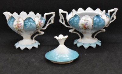 Unm. 3 pc. tea set in Steeple Mold 12, alternating panels of flower clusters and blue finish w/ shadow flowers - 14