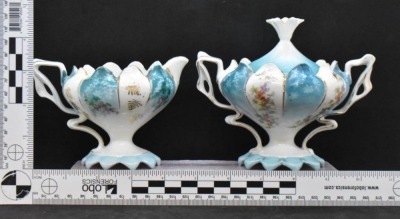 Unm. 3 pc. tea set in Steeple Mold 12, alternating panels of flower clusters and blue finish w/ shadow flowers - 17