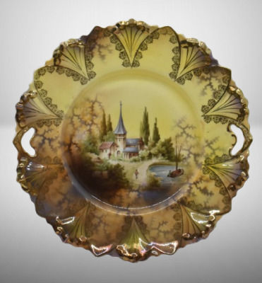 R.S. Prussia Mold 98 10"d cake plate, Castle scene, red mark