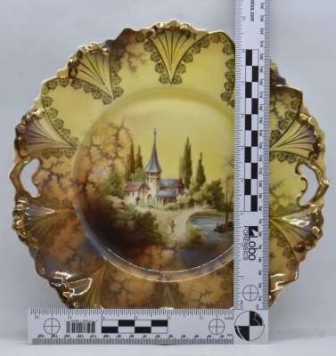 R.S. Prussia Mold 98 10"d cake plate, Castle scene, red mark - 8