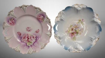 (2) R.S. Prussia 11"d cake plates decorated with florals: Icicle Mold, and Mold 98