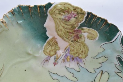 R.S. Prussia Hidden Image 9.5"d cake plate, woman's cameo w/ long brown curls, circle mold mark - 3