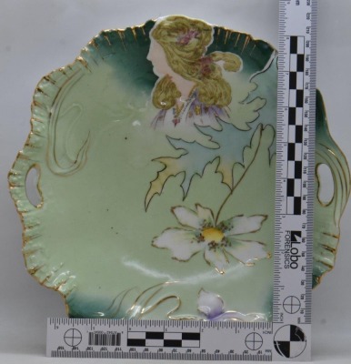 R.S. Prussia Hidden Image 9.5"d cake plate, woman's cameo w/ long brown curls, circle mold mark - 6