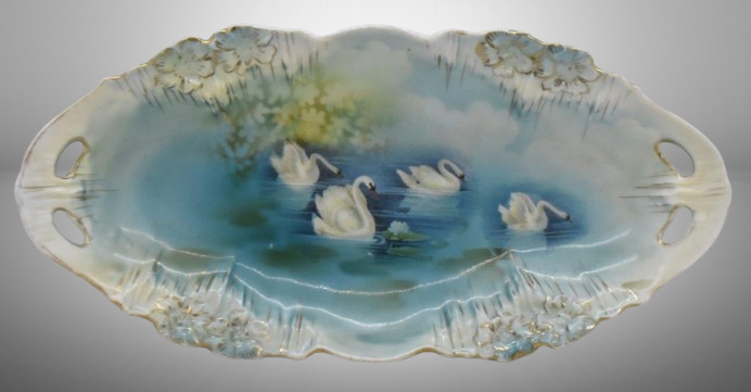 R.S. Prussia Icicle Mold relish tray, 9.5" x 4.5", Swans on Lake, red mark