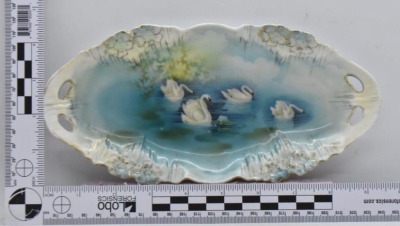 R.S. Prussia Icicle Mold relish tray, 9.5" x 4.5", Swans on Lake, red mark - 6