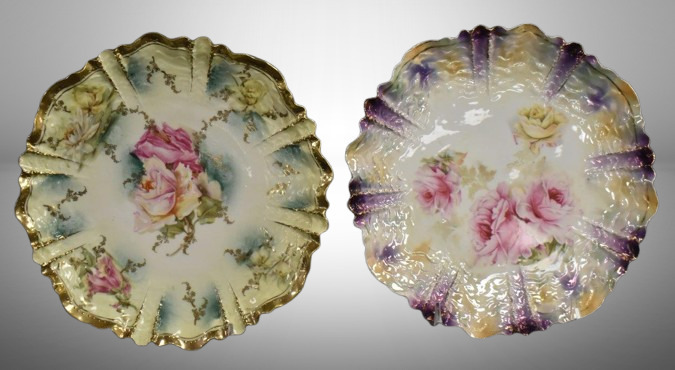 (2) R.S. Prussia Mold 259 8.5"d plates, roses adorn both, red marks