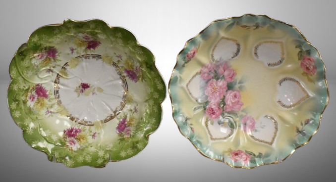 (2) R.S. Prussia 10"d bowls, floral designs, 1-circle mold, 1-red mark