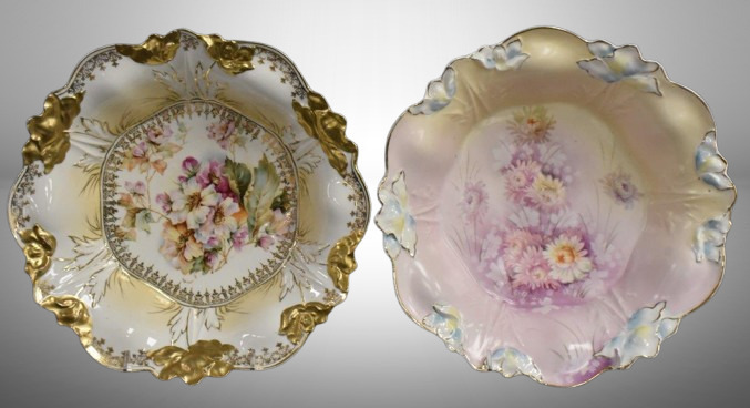 (2) R.S. Prussia 10"d bowls, Steeple Mold 2, floral decorations, circle mold marks