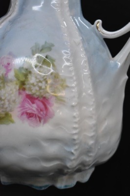 R.S. Prussia Mold 536 9"h chocolate pot, pink roses/ snowballs - 6