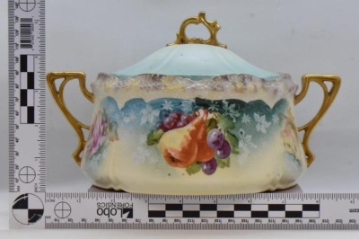 R.S. Prussia Stippled Floral Mold 6"h biscuit/ cracker jar, Fruit and Roses, red mark - 10