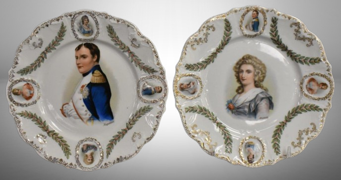 (2) Handpainted porcelain 8"d plates featuring portraits - Hortense, Napoleon, etc.