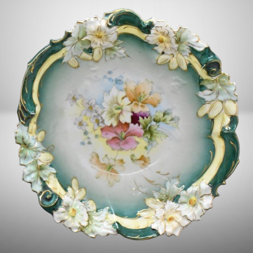 Handpainted porcelain 10"d bowl, multi-colored flowers, floral mold, circle mold mark