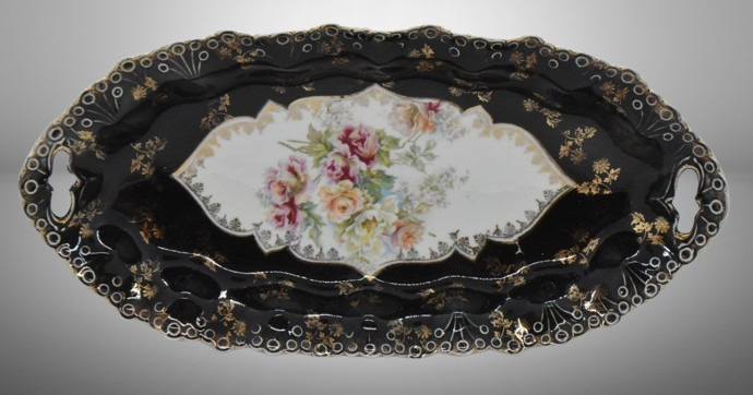 R.S. Prussia 13"l x 6.5" celery tray, Steeple Mold 26, multi-colored flowers w/ wide black border, red mark