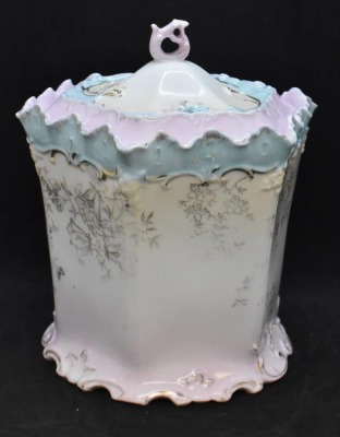 R.S. Prussia Old Mold 6" biscuit jar, gold stenciled floral, circle mold mark - 3