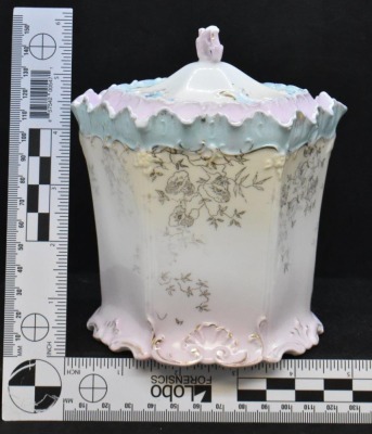 R.S. Prussia Old Mold 6" biscuit jar, gold stenciled floral, circle mold mark - 4