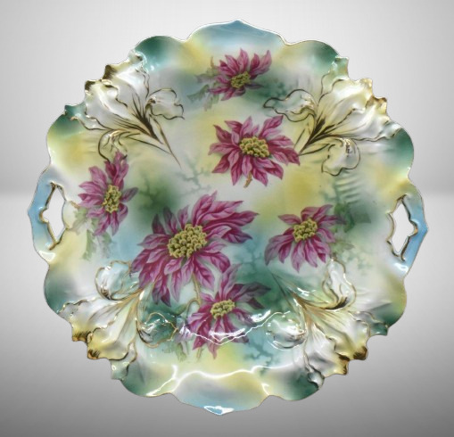 Mrkd. Wheelock Prussia 10.5"d cake plate (RSP Iris mold), maroon flowers