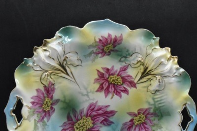 Mrkd. Wheelock Prussia 10.5"d cake plate (RSP Iris mold), maroon flowers - 3