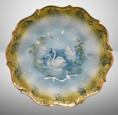 Handpainted porcelain 11"d bowl, Swans on Lake