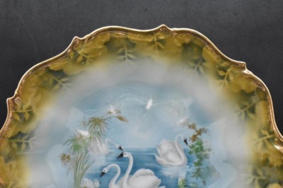 Handpainted porcelain 11"d bowl, Swans on Lake - 3