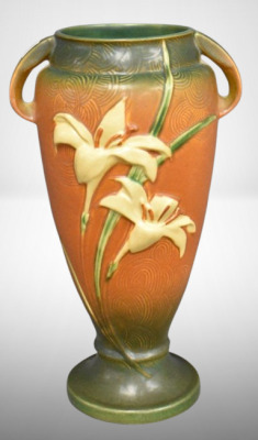 Roseville Zephyr Lily 141-15" vase, green/ brown