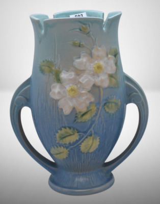 Roseville White Rose 986-9" vase, blue