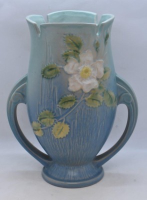 Roseville White Rose 986-9" vase, blue - 3