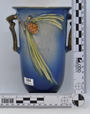 Roseville Pine Cone 907-7" vase, blue - 6