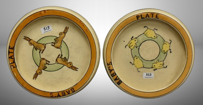 Pair of Roseville Juvenile Baby Plates: Chicks and Standing Rabbits