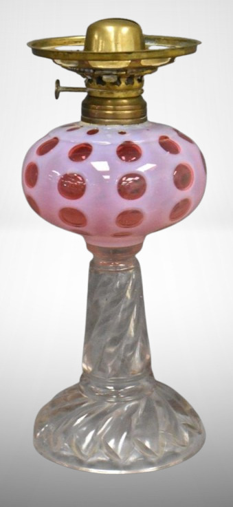 Cranberry opalescent Coin Dot 11"h kerosene lamp w/ clear swirl base