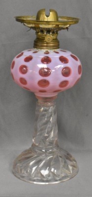 Cranberry opalescent Coin Dot 11"h kerosene lamp w/ clear swirl base - 2