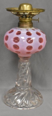 Cranberry opalescent Coin Dot 11"h kerosene lamp w/ clear swirl base - 3