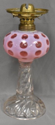 Cranberry opalescent Coin Dot 11"h kerosene lamp w/ clear swirl base - 4