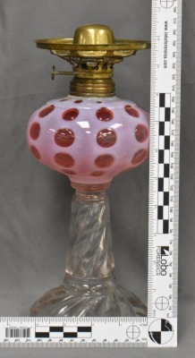 Cranberry opalescent Coin Dot 11"h kerosene lamp w/ clear swirl base - 7