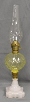 Vaseline glass font 11"h kerosene lamp w/ milk glass base - 4