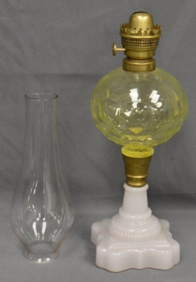 Vaseline glass font 11"h kerosene lamp w/ milk glass base - 6